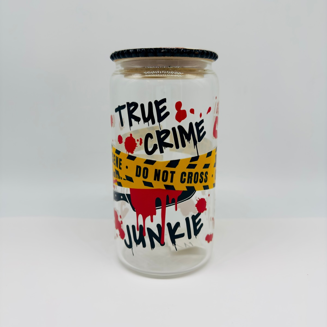 True Crime Junkie (16oz Clear Glass Can)